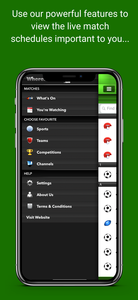 WherestheMatch - Menú de navegación de la aplicación WherestheMatch que muestra horarios deportivos y favoritos
