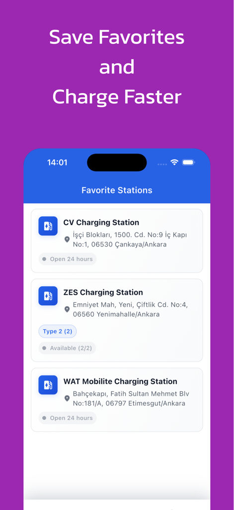 Ev Charge Station Find on Map - List of favorite electric vehicle charging stations within the Ev Charge Station app.