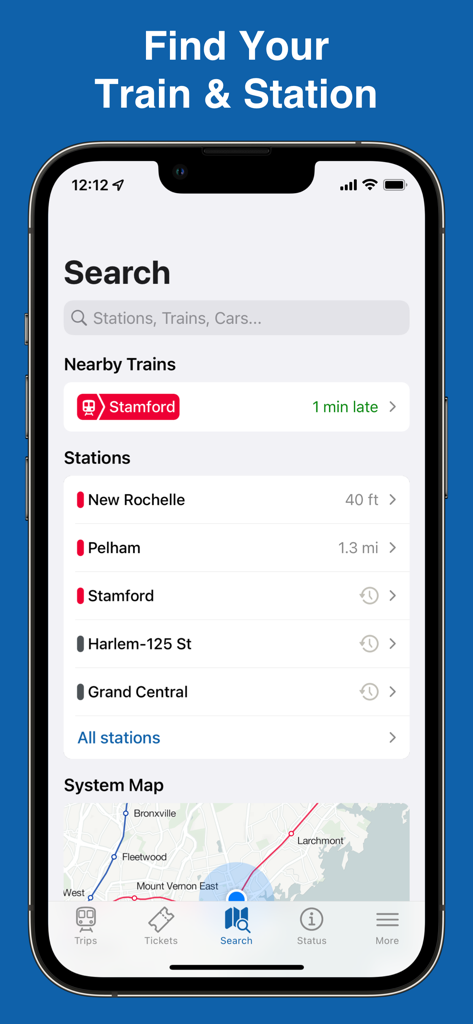 MTA TrainTime app interface displaying the station search feature with real-time train status and a transit system map.