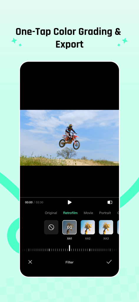 Xtra Tech - Oberfläche der Xtra Tech App für Ein-Klick-Farbkorrektur und Videofilterung.