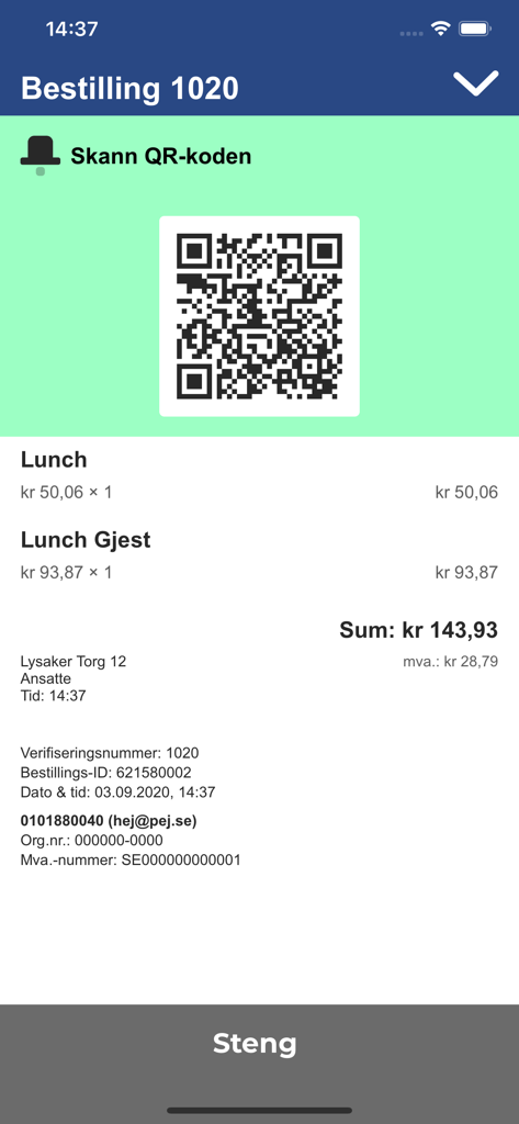 Digital receipt screen in the Toma app showing a lunch order confirmation and a QR code