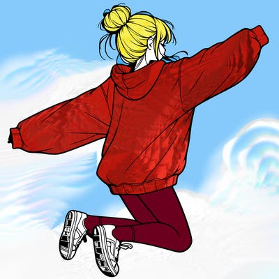 realistic girl jumping with a bun and oversized sweatshirt