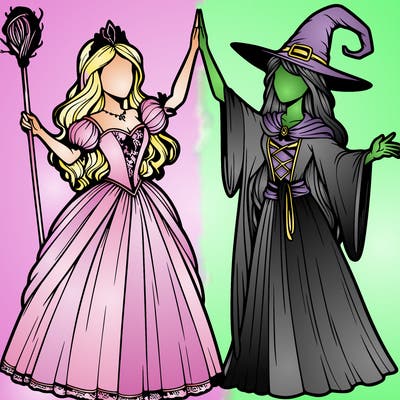 detailed realistic split of a princess and a witch