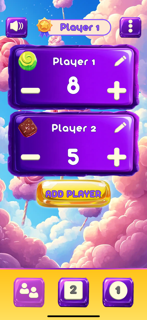 Candy Score app interface showing player score tracking with plus and minus buttons and a candy themed design