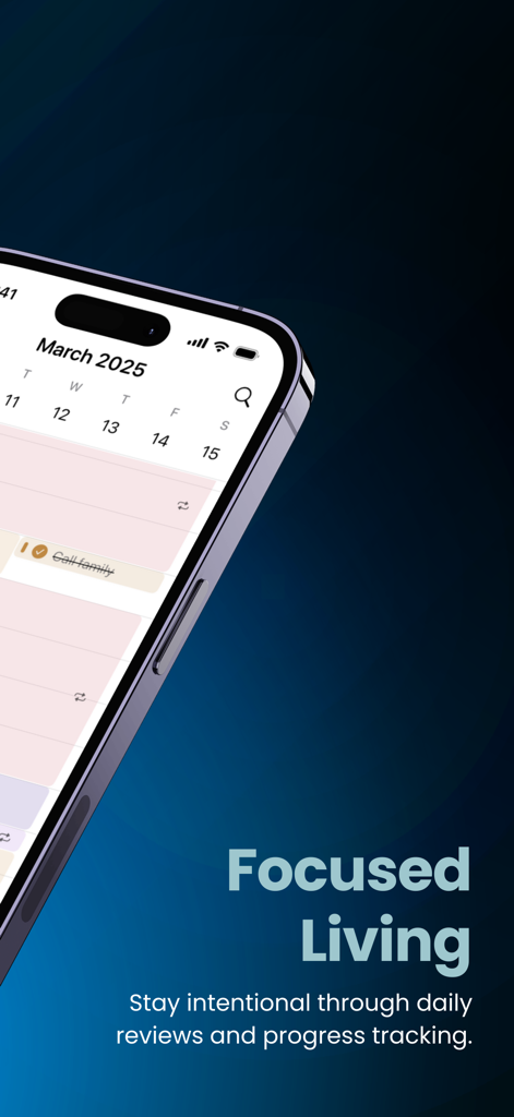 Strive Planner - Aplicación Strive Planner en iPhone mostrando un calendario diario y seguimiento de tareas para una vida enfocada