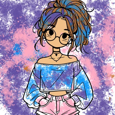 girl with a messy ponytail glasses a baggy crop top and jean shorts