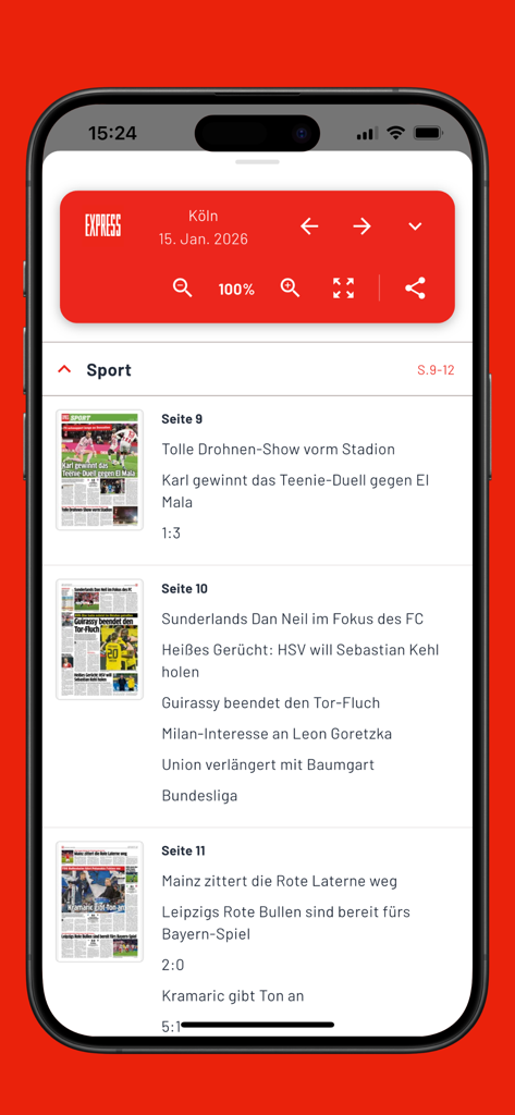 EXPRESS E-Paper - Interface of the EXPRESS E-Paper app showing sport news summaries and newspaper page thumbnails