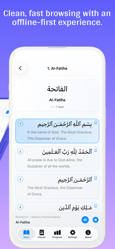 Quran Art app interface showing Surah Al-Fatiha with Arabic verses and English translations in a clean distraction-free layout