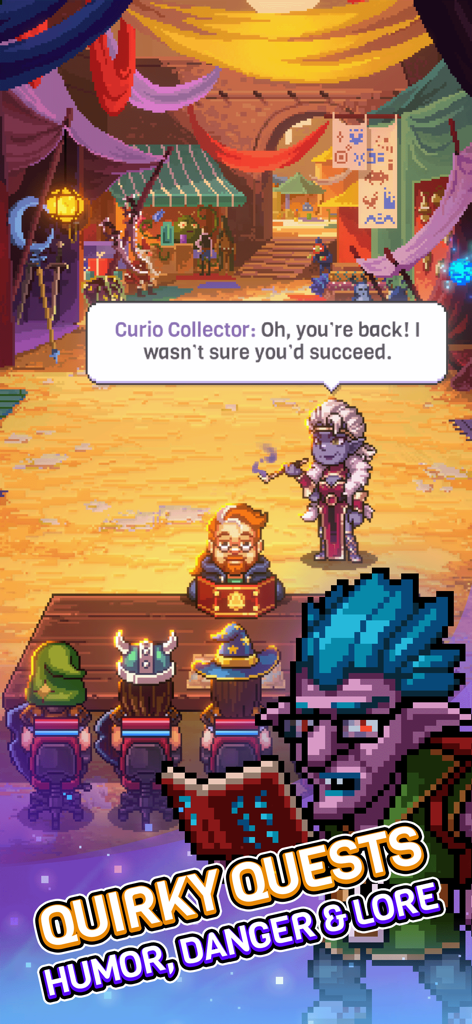 Knights of Pen and Paper 3 - Personajes retro pixelados en un mercado con diálogo de RPG meta y el texto Misiones Peculiares Humor Peligro y Leyenda