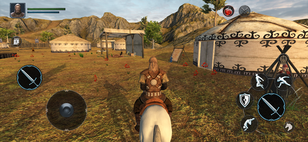 Ertugrul Gazi 3: RPG Battle - Un guerrero montando un caballo blanco a través de un asentamiento tribal en el campamento de Ertugrul Gazi 3 RPG Battle.