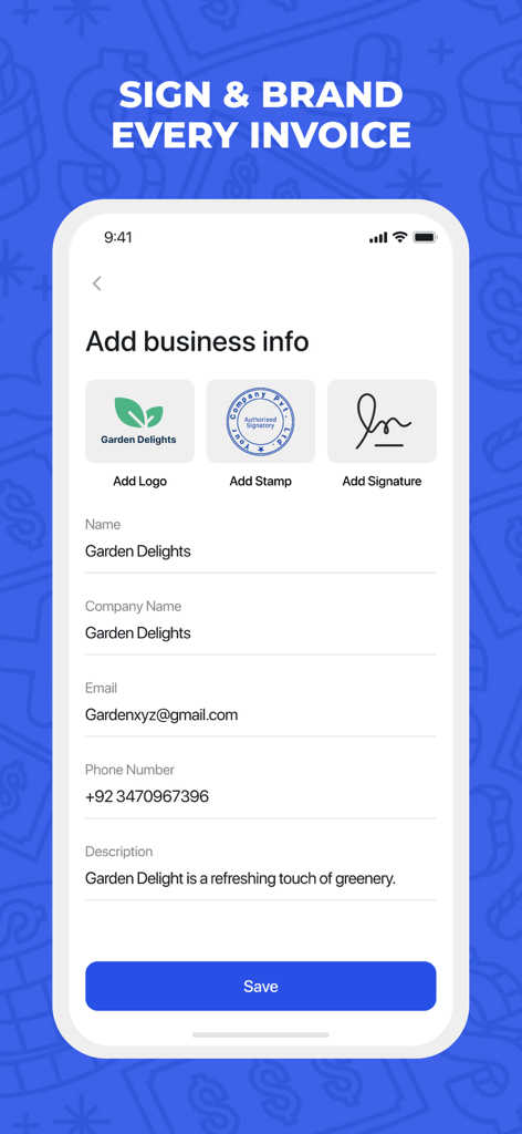 Invoice Maker & Estimates - 송장 메이커 앱에서 전문 송장에 사업체 이름, 로고, 스탬프 및 서명을 추가하기 위한 인터페이스
