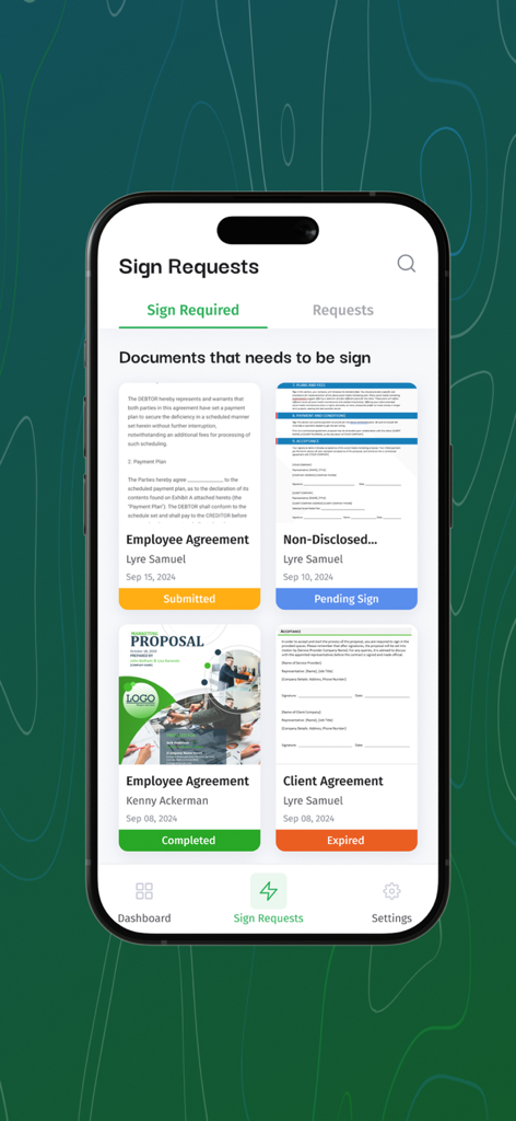TeleSign - TeleSign app interface showing a list of document signature requests including employee and client agreements with their current status