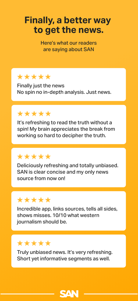 Testemunhos de clientes e avaliações de cinco estrelas para o aplicativo Straight Arrow News destacando reportagens imparciais e baseadas em fatos