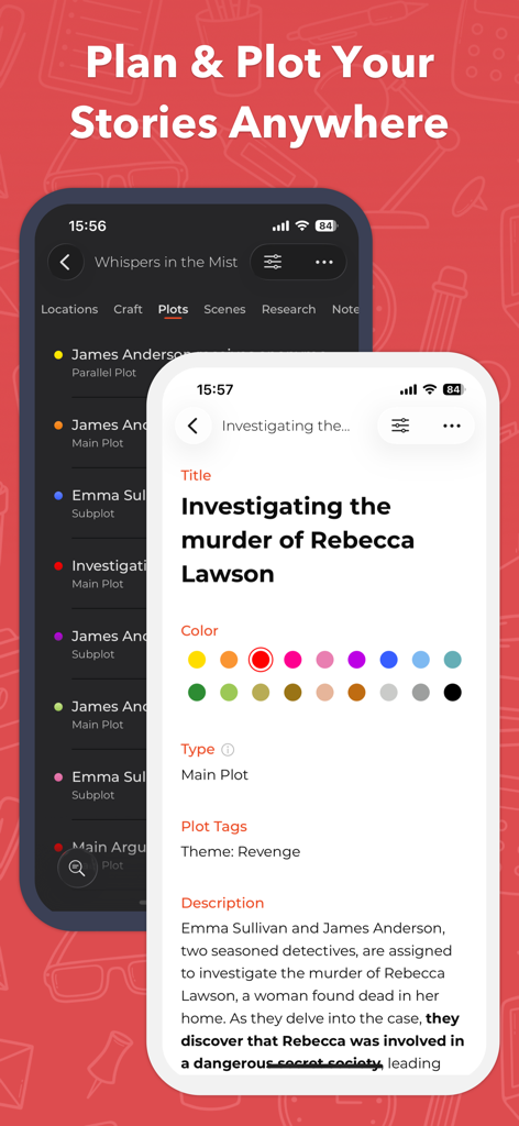 Story Planner app interface showing story plot details and organization on iPhone
