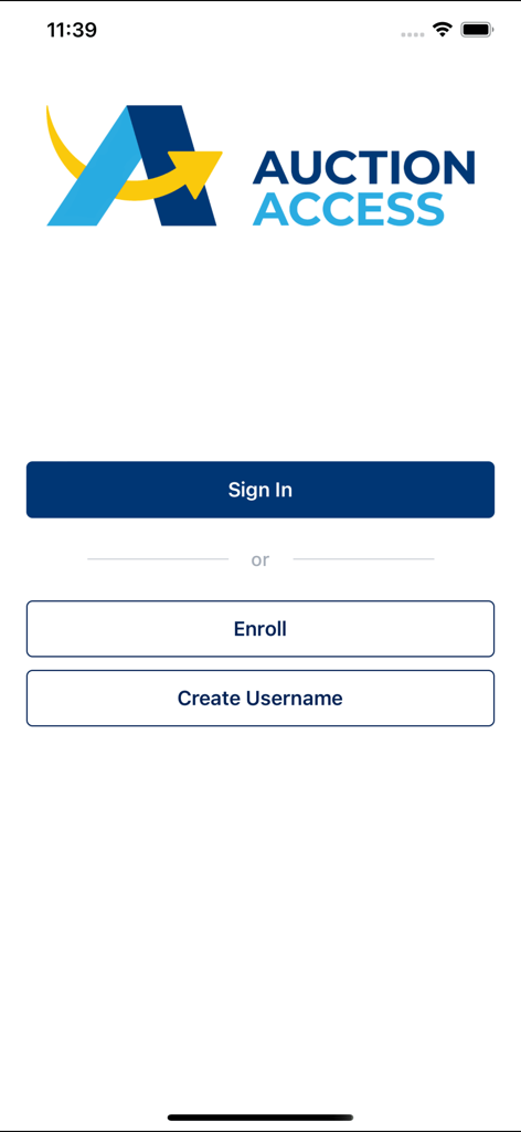 AuctionACCESS Mobile app welcome screen showing sign in and enrollment buttons.
