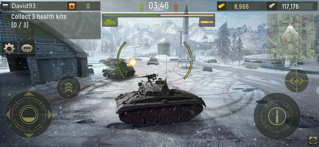 Grand Tanks gameplay showing 3D tank combat in a snowy mountain arena.