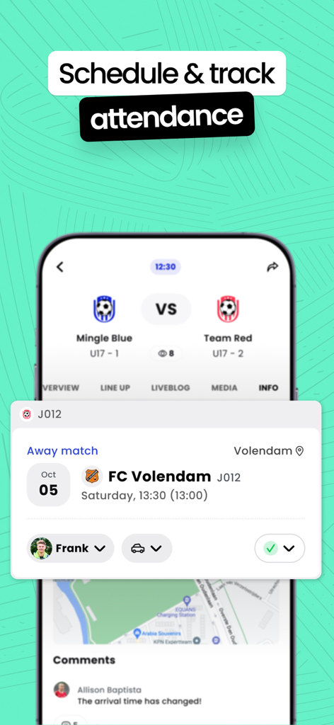 Mingle Sport app interface for tracking soccer match attendance and scheduling