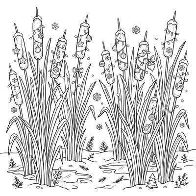 Embrace the holiday spirit with this enchanting coloring page featuring cattails beautifully decorated for Christmas. It's a unique blend of winter nature and festive cheer, perfect for seasonal coloring enjoyment.