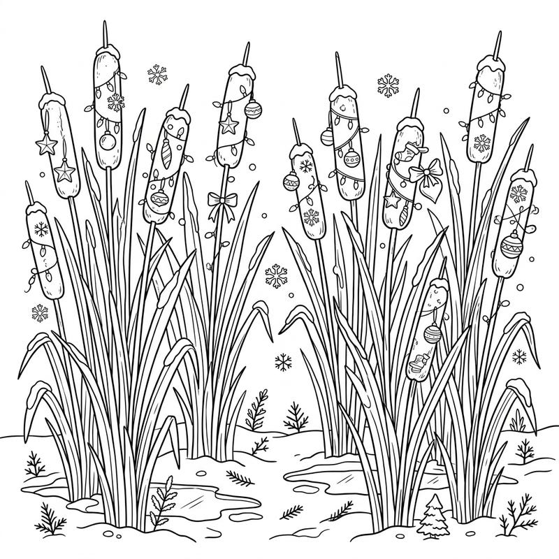 Embrace the holiday spirit with this enchanting coloring page featuring cattails beautifully decorated for Christmas. It's a unique blend of winter nature and festive cheer, perfect for seasonal coloring enjoyment.