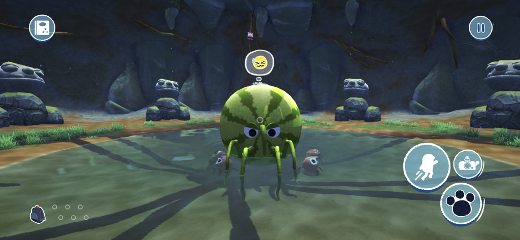 Bugsnax - Captura de pantalla del juego del gran jefe sandía Mama Mewon en un entorno de cueva.