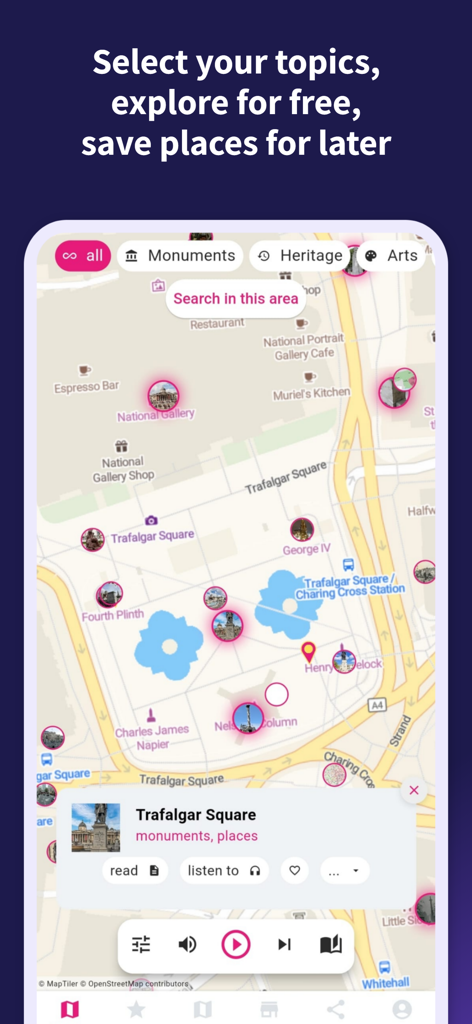 Road Trip: Voice Tour Guide AI - Mobile app map interface displaying points of interest like Trafalgar Square with audio tour options and topic filters.