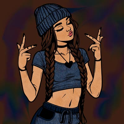 realistic teenage girl with braids and a beanie and crop top doing 🫶🏼