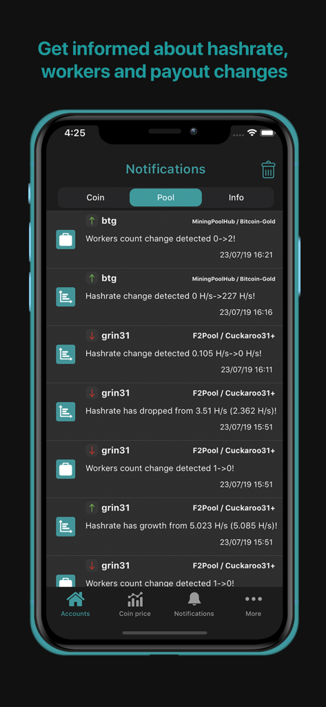 Crypto mining tracker MinerBox - MinerBox app screen showing real-time notifications for mining pool hashrate and worker status changes