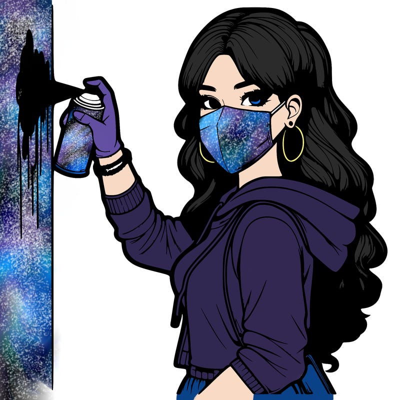 realistic girl with mask spray painting a wall