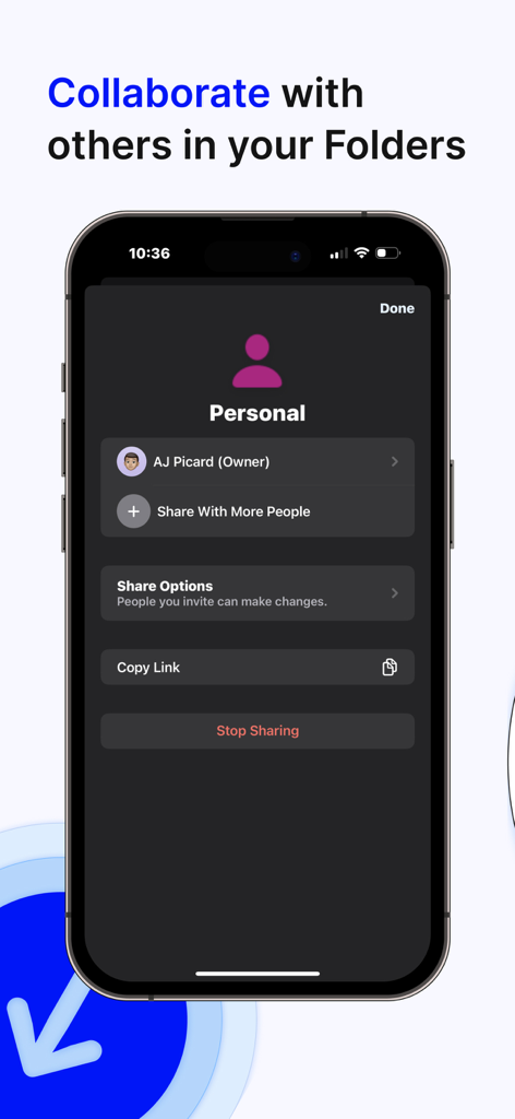 Oberfläche der OneTap-App, die Ordnerkollaboration und Freigabeoptionen zeigt