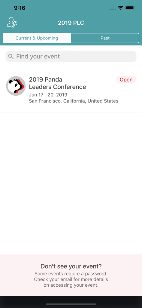 2019 Panda Leaders Conference - Event list screen of the 2019 Panda Leaders Conference mobile app