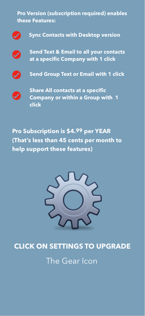 Lista de recursos da versão Pro, incluindo mensagens em grupo, sincronização com desktop e detalhes de preços para o aplicativo Contatos por Empresa