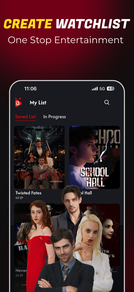 Screenshot of DramaFlicks app showing the My List feature for saving short drama reels