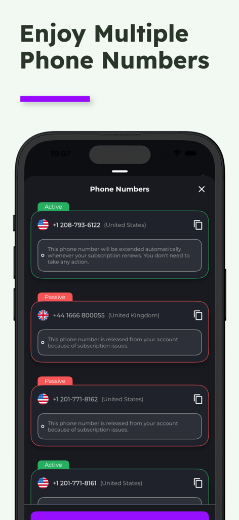 Interfaz de la app SMSActivate mostrando una lista de números de teléfono virtuales activos y pasivos de EE. UU. y Reino Unido.