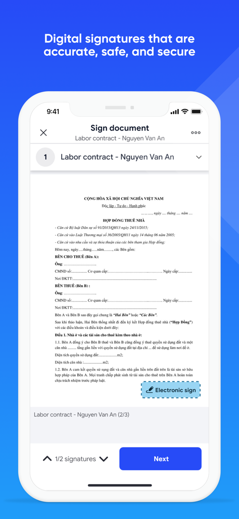 AMIS WeSign - Smartphone screen showing AMIS WeSign app for secure digital signatures on a labor contract