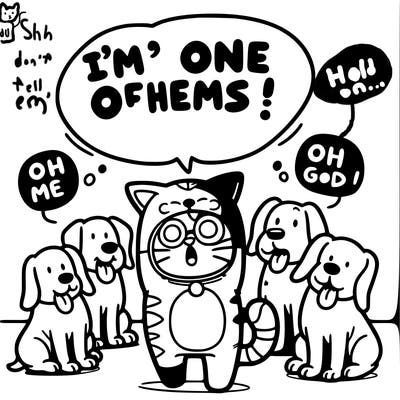 a cat disguising as a dog saying “i’m one of them!” in a room of five dog saying “oh my god”