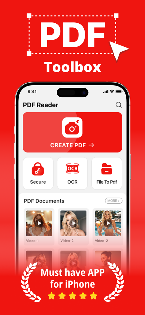 PDF Reader - Easy Editor - Turbo PDF app interface on iPhone featuring tools for document creation and OCR