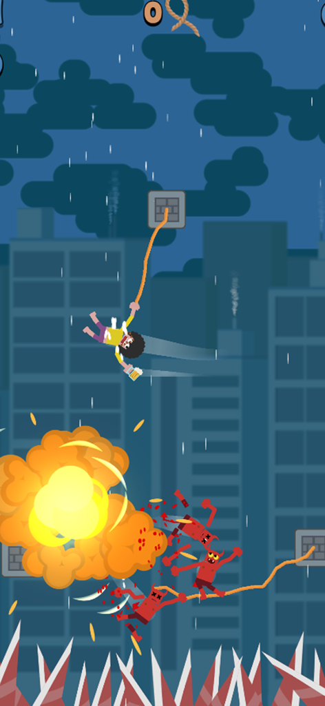Fall Boys: Rope Rescue - Gameplay screenshot of Fall Boys Rope Rescue featuring a character swinging on a rope above a large explosion in a rainy city environment.