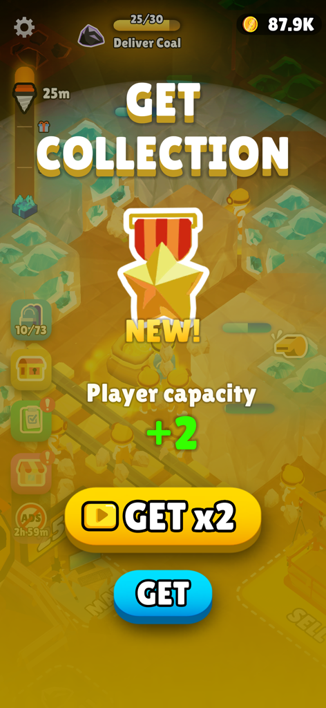 Mine Rush : Digging Adventure - A collection reward pop up in Mine Rush showing a player capacity increase