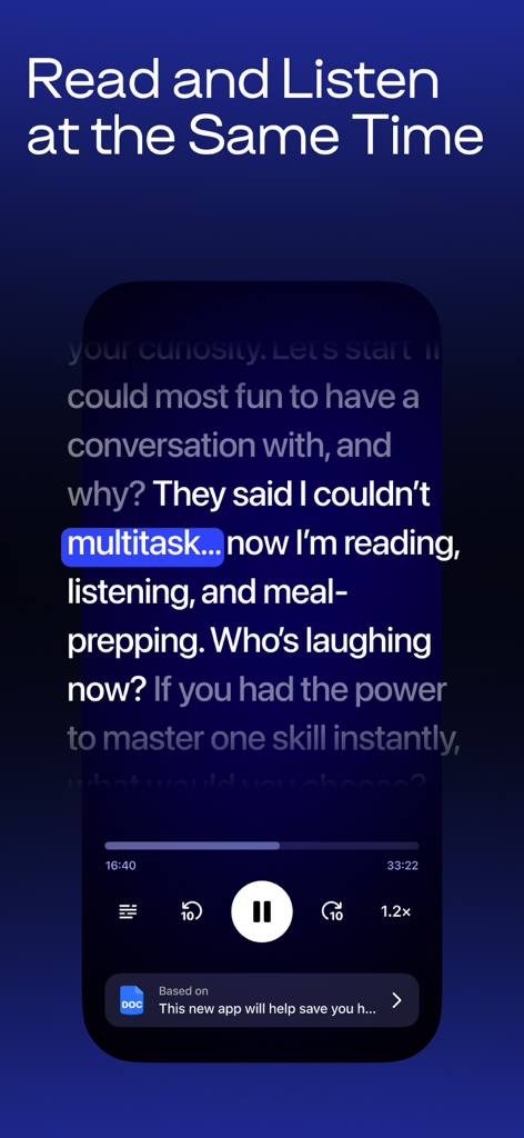 AI Podcasts by Speechify - Pantalla de la aplicación AI Podcasts de Speechify que muestra la reproducción sincronizada de texto y audio para la multitarea.