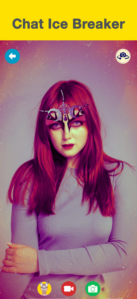 Anonymous Face Camera MaskMe - Screenshot of the MaskMe app interface showing a decorative digital face mask used as a chat ice breaker.