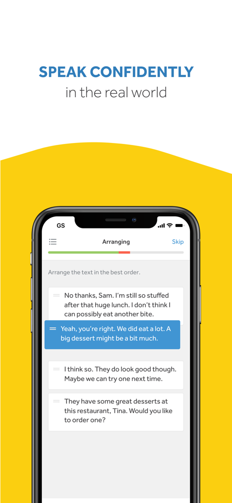 Rosetta Stone: Fluency Builder - Interfaccia mobile di Rosetta Stone Fluency Builder che mostra una lezione di disposizione del dialogo.