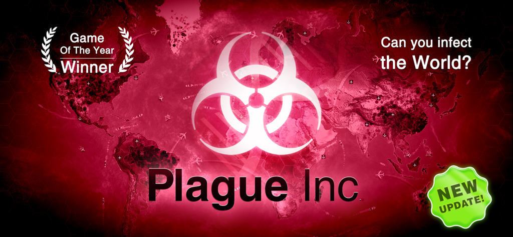 Imagen promocional del juego Plague Inc. que muestra un mapa mundial rojo con un símbolo de riesgo biológico y el premio al juego del año