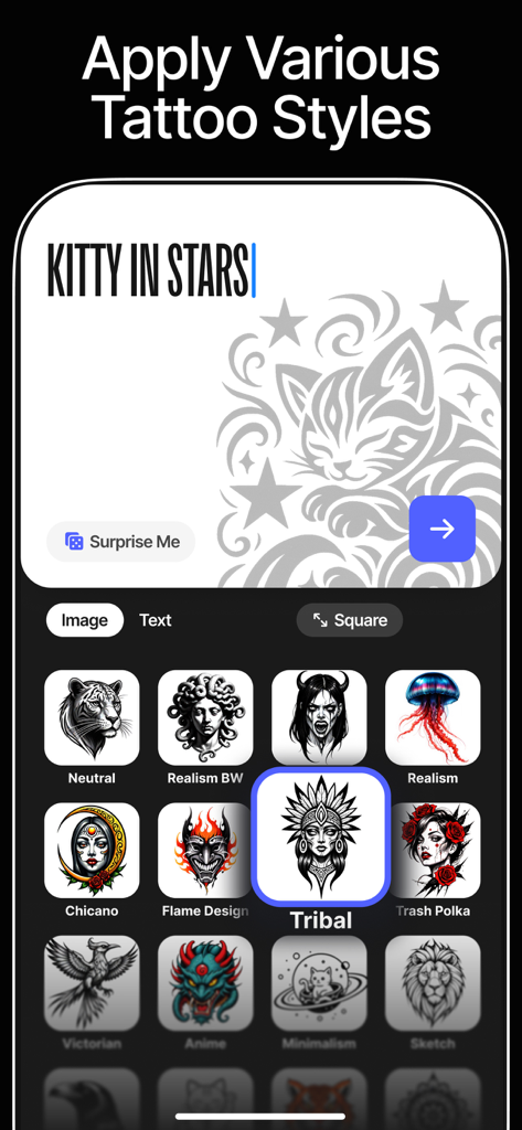 InkAI: AI Tattoo Generator - Interface of InkAI tattoo generator showing multiple art styles like Tribal Realism and Anime for a custom kitty in stars design