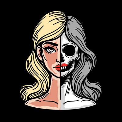 bust of a woman, half face and hair, half skull