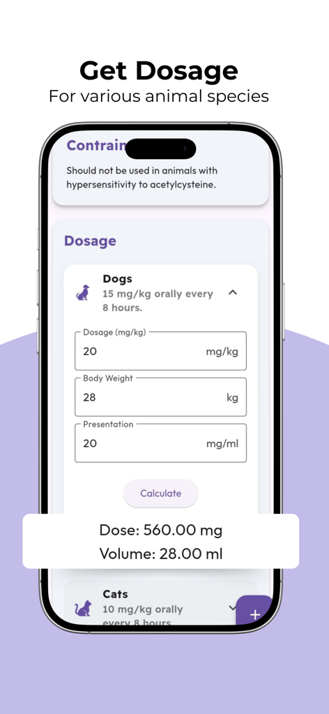 Vetifi - Vetifi app interface showing a precision dosage calculator for dogs including medication volume and dose weight