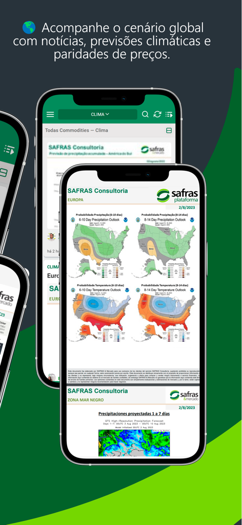 Plataforma Safras - Pantalla de teléfono inteligente que muestra la aplicación Plataforma Safras con mapas de pronóstico de precipitación y temperatura para el análisis agrícola global.
