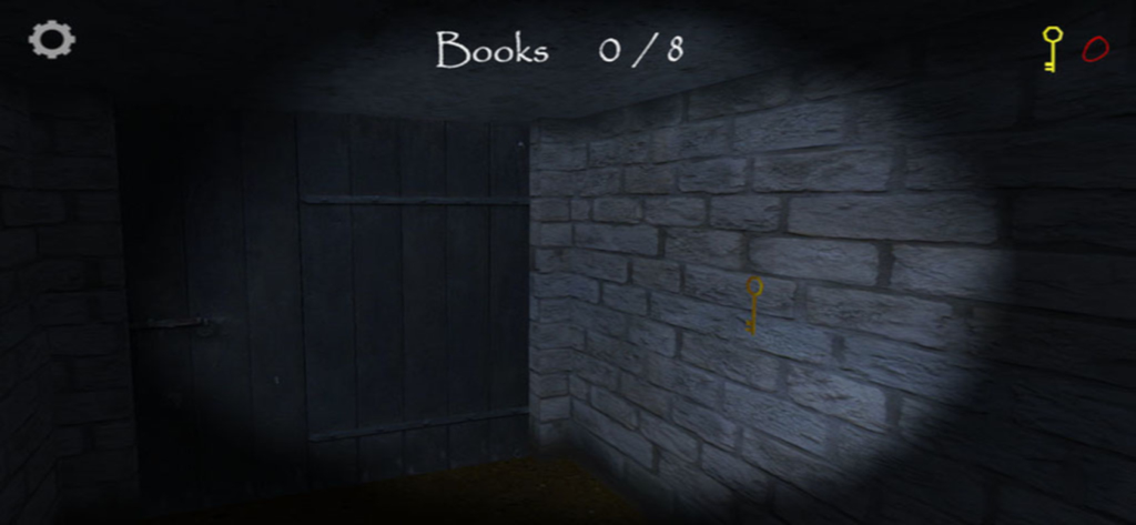 First person view of a dark brick cellar with a flashlight pointing at a wooden door in the game Slendrina The Cellar