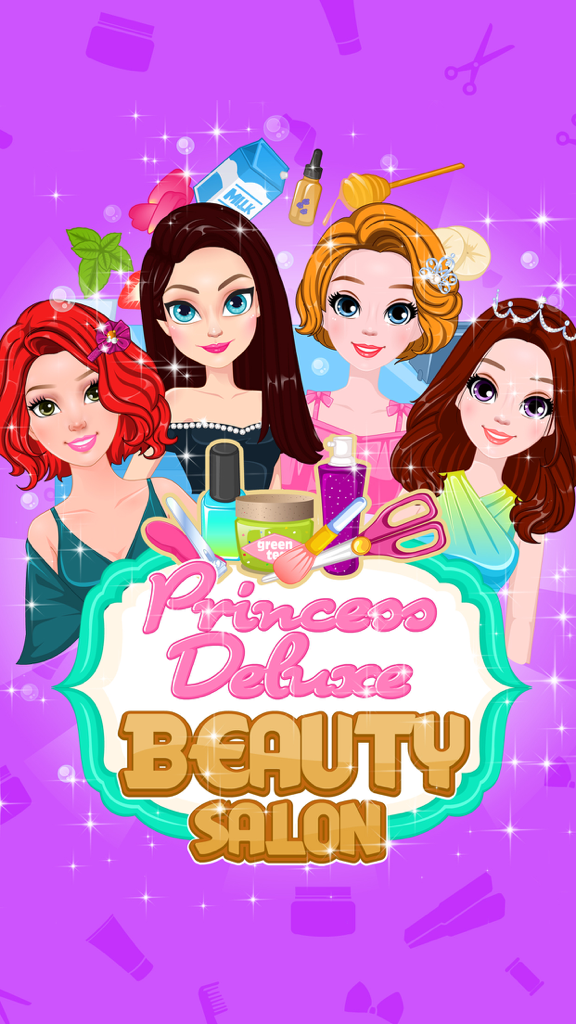 Princess Deluxe Beauty Salon - Girls Makeup Games - プリンセスデラックスビューティーサロンゲームのタイトル画面に、4人のアニメの女の子と美容ツールが表示されています。