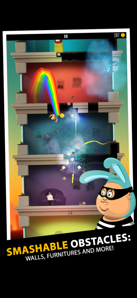 Daddy Was A Thief - A thief character smashing through multiple floors and furniture in a building with a rainbow trail.