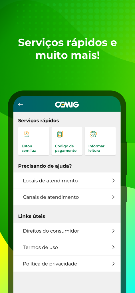 Cemig Atende mobile app screen showing quick services and support links